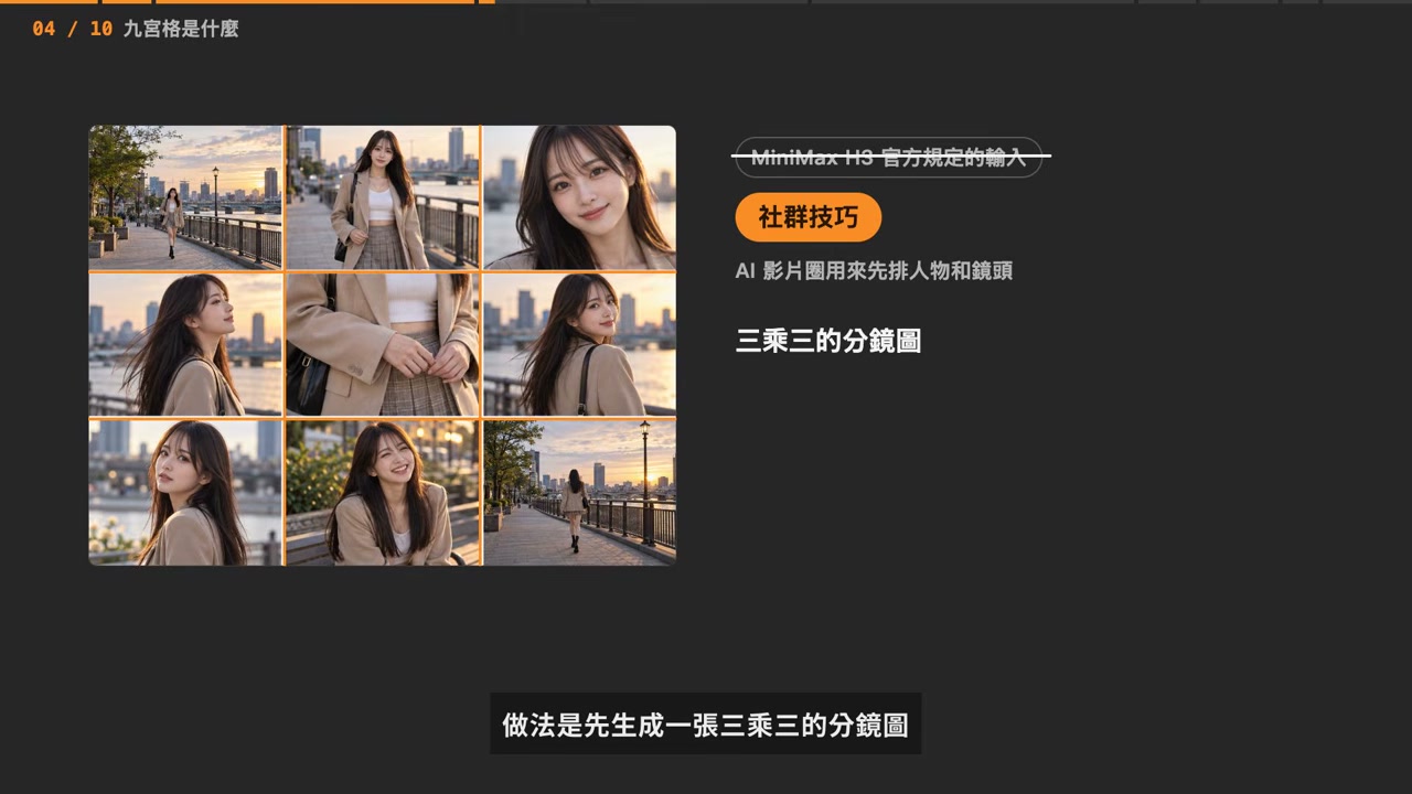 九宫格分镜图:同一位长发女性在黄昏河堤步道的九种姿态与景别
